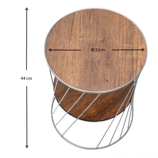 Βοηθητικό τραπεζάκι Jaspin μεταλλικό - Mdf χρώμα ασημί - καρυδί 32x32x44εκ.