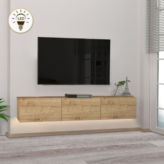 Έπιπλο τηλεόρασης επιτοίχιο Damla από μελαμίνη με LED χρώμα sapphire oak 180x29,5x29,5εκ.