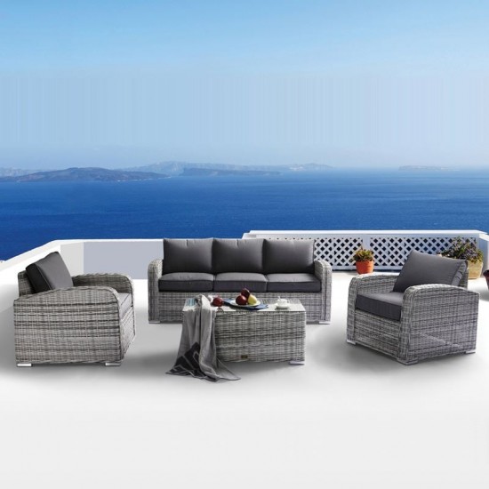 BELMAR Living Set Σαλόνι Κήπου ALU:3Θέσ+2 Πολυθρόνες+Τραπέζι Wicker Grey White,Μαξιλ.Γκρι