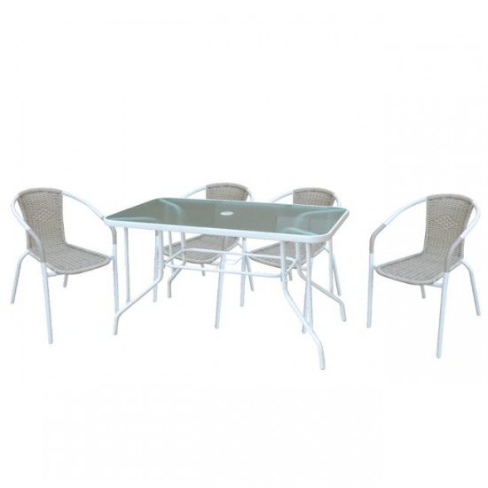 BALENO Set Τραπεζαρία Κήπου: Τραπέζι 110x60cm + 4 Πολυθρόνες Μέταλλο Βαφή Άσπρο - Wicker Beige