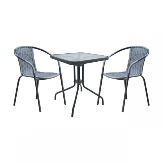 BALENO Set Κήπου - Βεράντας: Τραπέζι 60x60cm + 2 Πολυθρόνες Μέταλλο Ανθρακί, Wicker Mixed Grey
