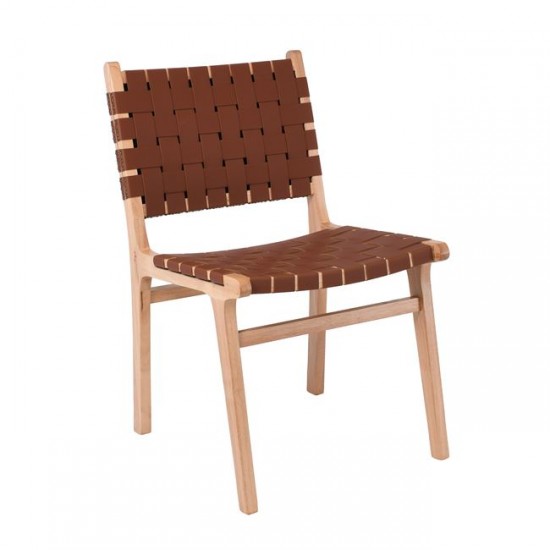 DUNE Καρέκλα Τραπεζαρίας, Ξύλο Απόχρωση Φυσικό, Κάθισμα-Πλάτη Ιμάντες Pu Καφέ 50x59x85cm