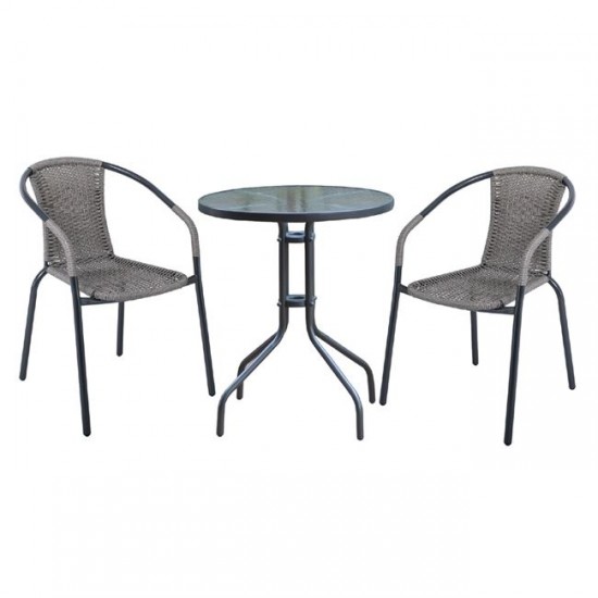 BALENO Set Κήπου - Βεράντας: Τραπέζι Φ.70cm  + 2 Πολυθρόνες Μέταλλο Ανθρακί - Wicker Mixed Grey