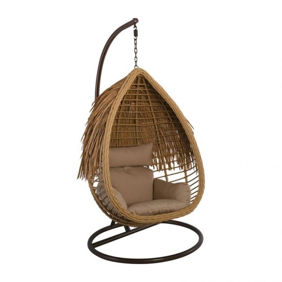 SALSA TROPIC Κρεμαστή Πολυθρόνα, Wicker Φυσικό, Μέταλλο Brown, Μαξιλάρι Μπεζ Φ105x197cm