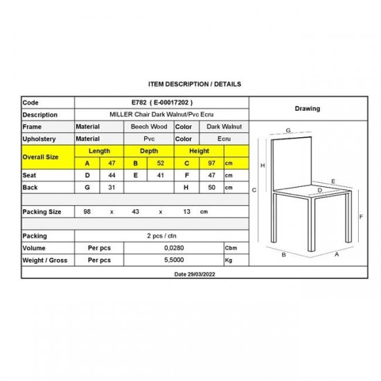 MILLER Καρέκλα Οξιά Σκούρο Καρυδί, PVC Εκρού 45x52x97cm