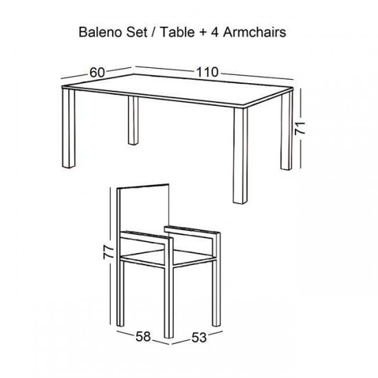 BALENO Set Τραπεζαρία Κήπου: Τραπέζι 110x60cm + 4 Πολυθρόνες Μέταλλο Καφέ - Wicker Brown