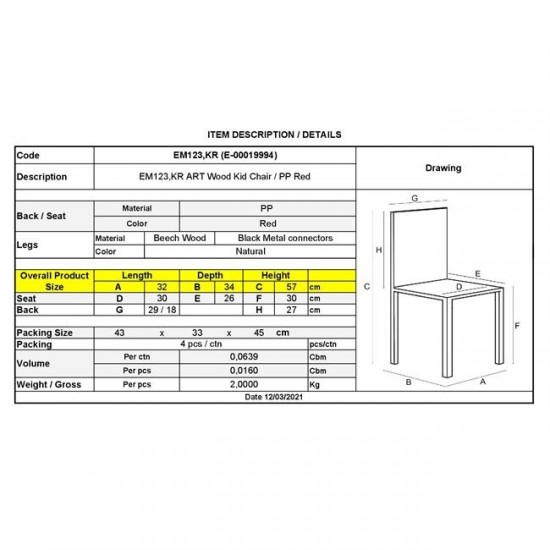 ART Wood Kid Καρέκλα Ξύλο - PP Κόκκινο 32x34x57cm