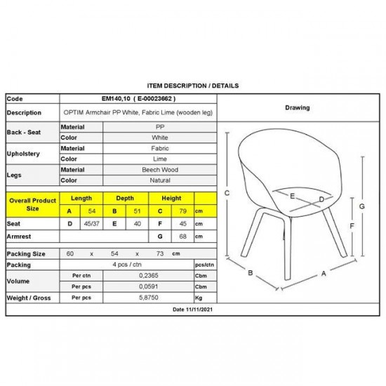 OPTIM Πολυθρόνα PP Άσπρο, Ύφασμα Lime, Ξύλινο πόδι Οξιά