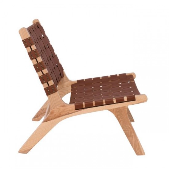 DUNE Lounge Καρέκλα, Ξύλο Απόχρωση Φυσικό, Κάθισμα-Πλάτη Ιμάντες Pu Καφέ 67x75x74cm