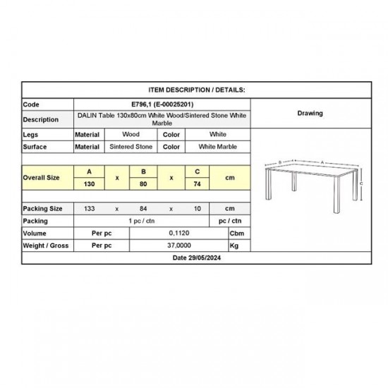 DALIN Τραπέζι Τραπεζαρίας- Κουζίνας, Ξύλο Άσπρο-Επιφάνεια Sintered Stone White Marble 130x80x74cm